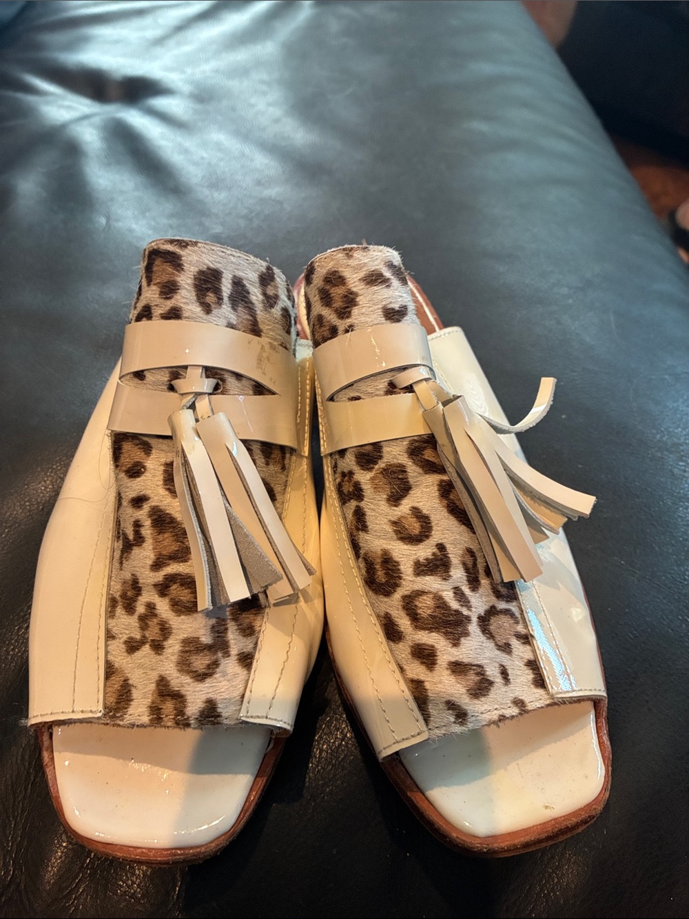 Ivory Leopard-Print Tassel Slide Mules